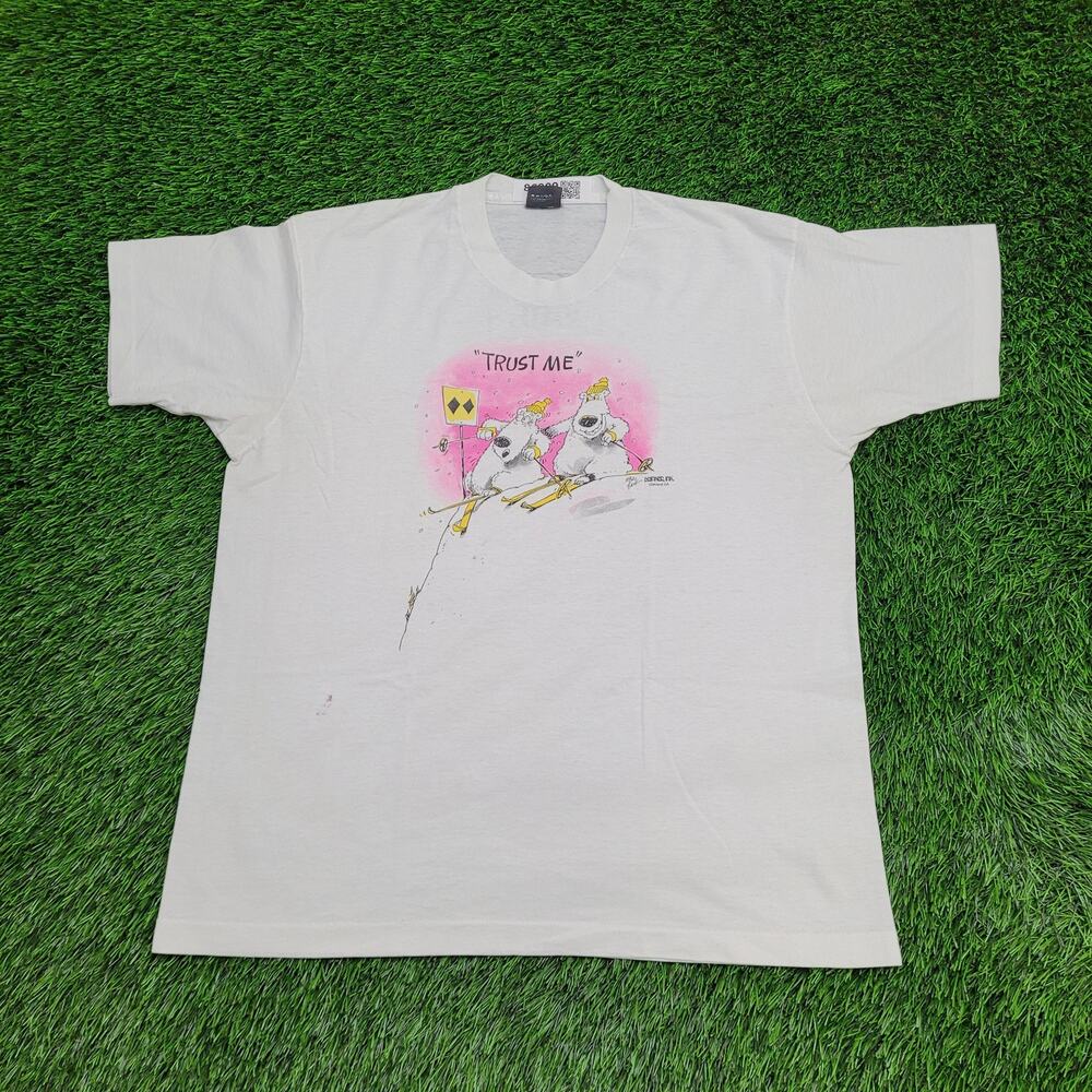 Vintage 1992 Funny Polar Bear Skiing Shirt Womens XL 22x26 White